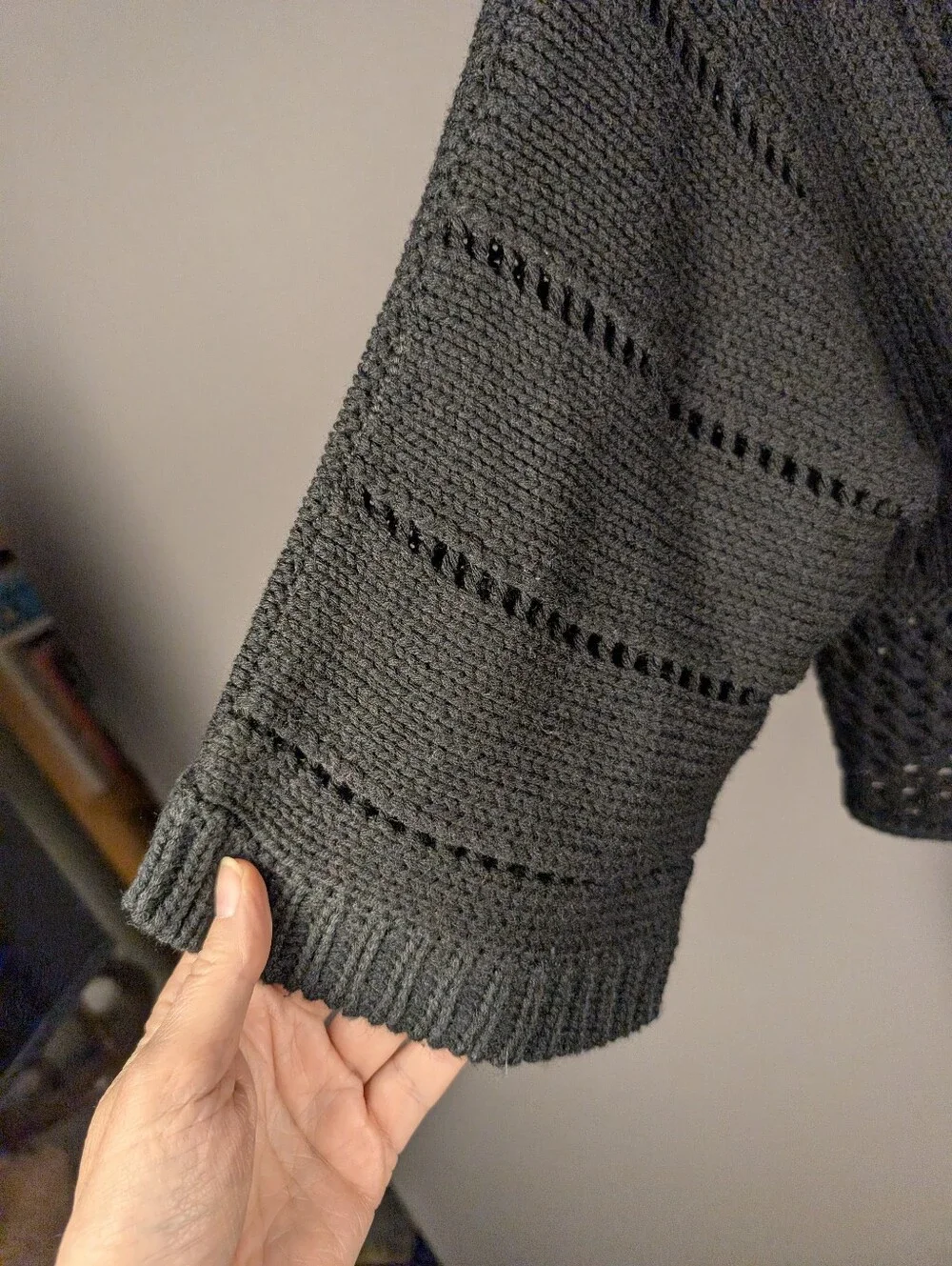 Black Cable Knit Crochet Openwork Cardigan Sweater Large A363
